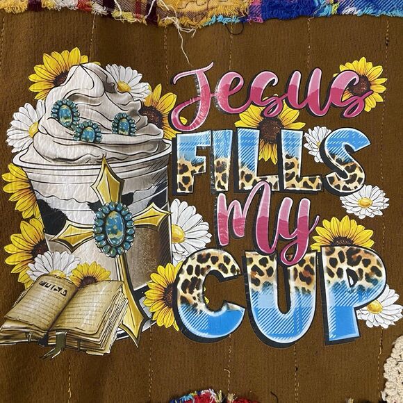 Upcycled Denim Jacket Womens Sz Large Christian Coffee Grunge Patchwork Folk Art - Picture 7 of 16